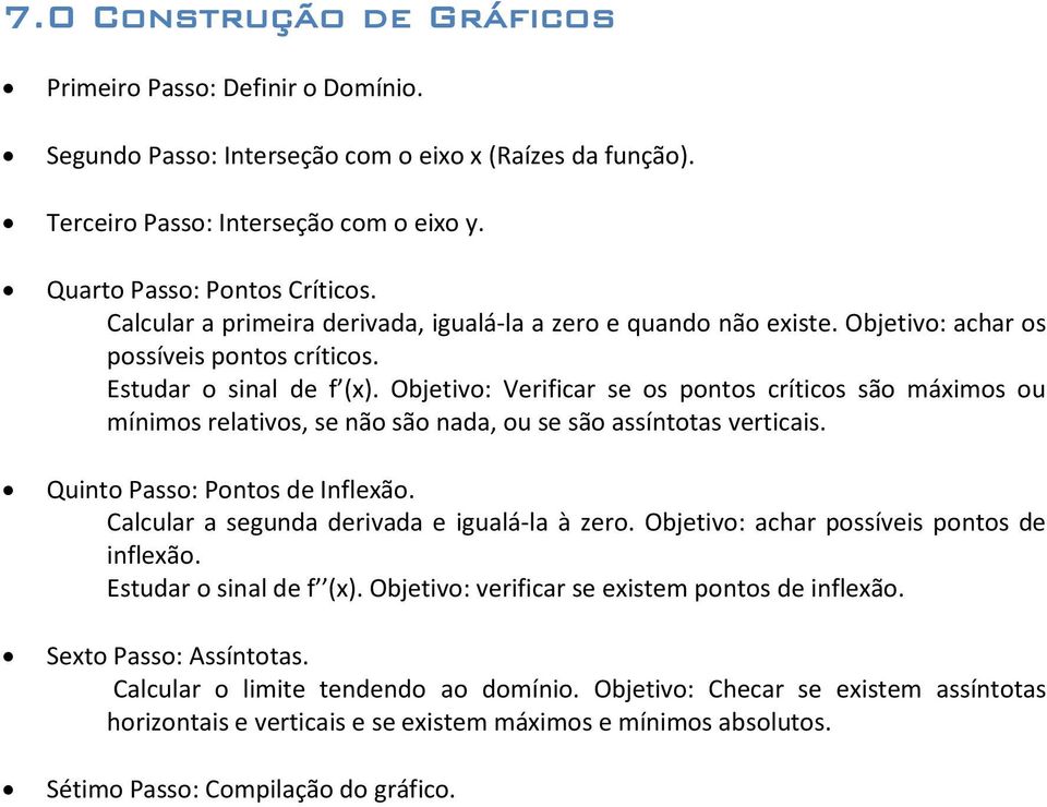 Objetivo: Verificar se os pontos críticos são máximos ou mínimos relativos, se não são nada, ou se são assíntotas verticais. Quinto Passo: Pontos de Inflexão.