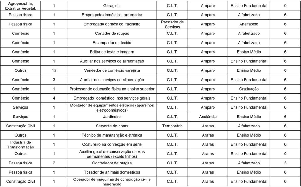 L.T. Amparo Ensino Fundamental 6 Outros 15 Vendedor de comércio varejista C.L.T. Amparo Ensino Médio 0 Comércio 3 Auxiliar nos serviços de alimentação C.L.T. Amparo Ensino Fundamental 6 Comércio 1 Professor de educação física no ensino superior C.