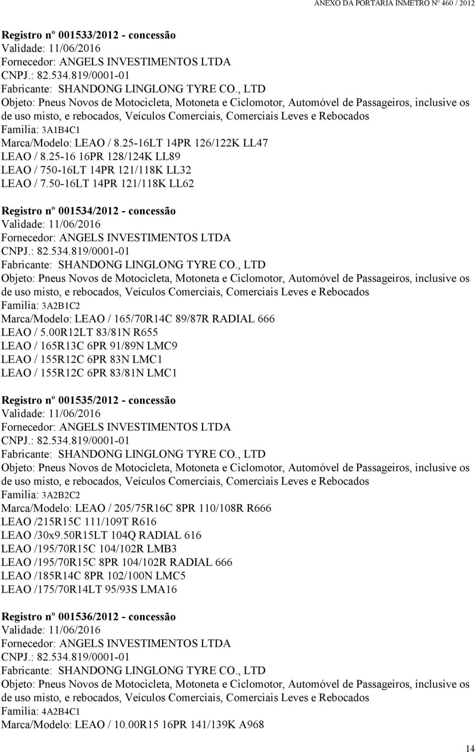 00R12LT 83/81N R655 LEAO / 165R13C 6PR 91/89N LMC9 LEAO / 155R12C 6PR 83N LMC1 LEAO / 155R12C 6PR 83/81N LMC1 Registro nº 001535/2012 - concessão Familia: 3A2B2C2 Marca/Modelo: LEAO / 205/75R16C 8PR