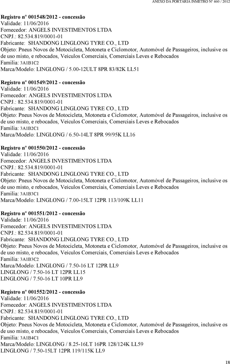 50-14LT 8PR 99/95K LL16 Registro nº 001550/2012 - concessão Familia: 3A1B3C1 Marca/Modelo: LINGLONG / 7.