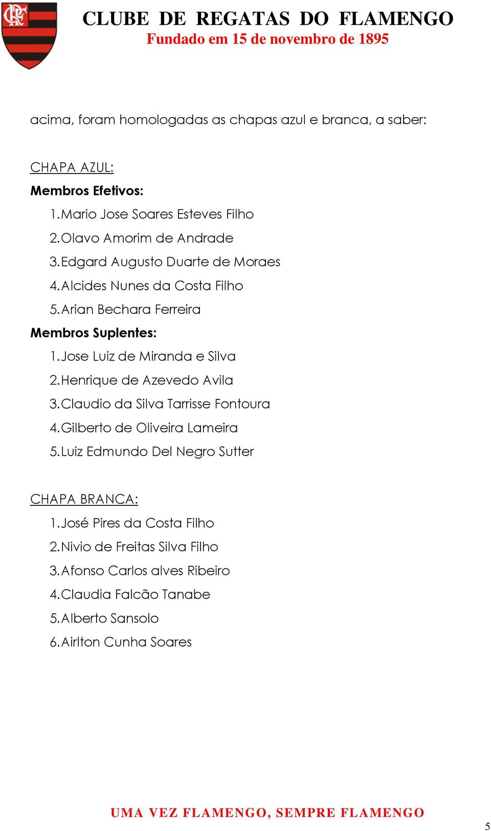 Jose Luiz de Miranda e Silva 2. Henrique de Azevedo Avila 3. Claudio da Silva Tarrisse Fontoura 4. Gilberto de Oliveira Lameira 5.