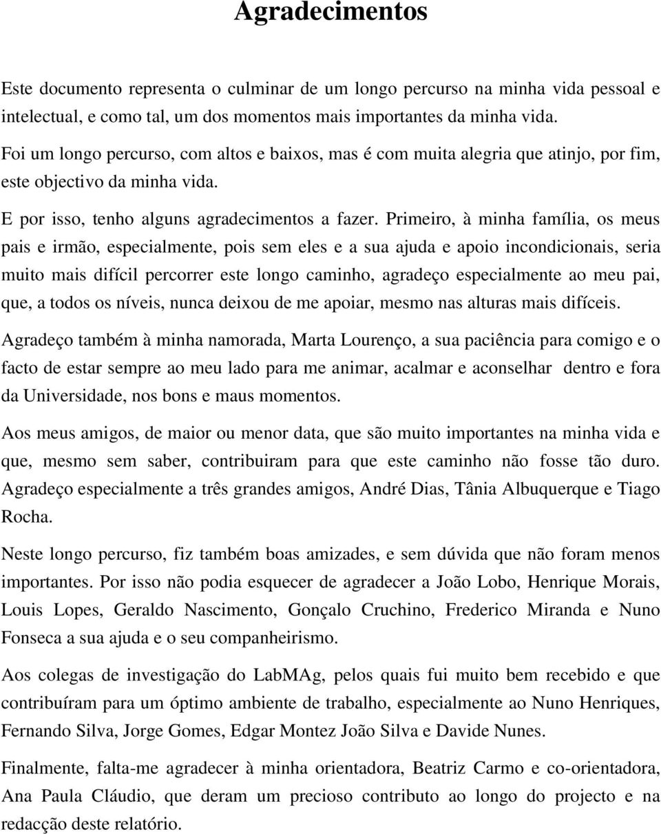 Primeiro, à minha família, os meus pais e irmão, especialmente, pois sem eles e a sua ajuda e apoio incondicionais, seria muito mais difícil percorrer este longo caminho, agradeço especialmente ao