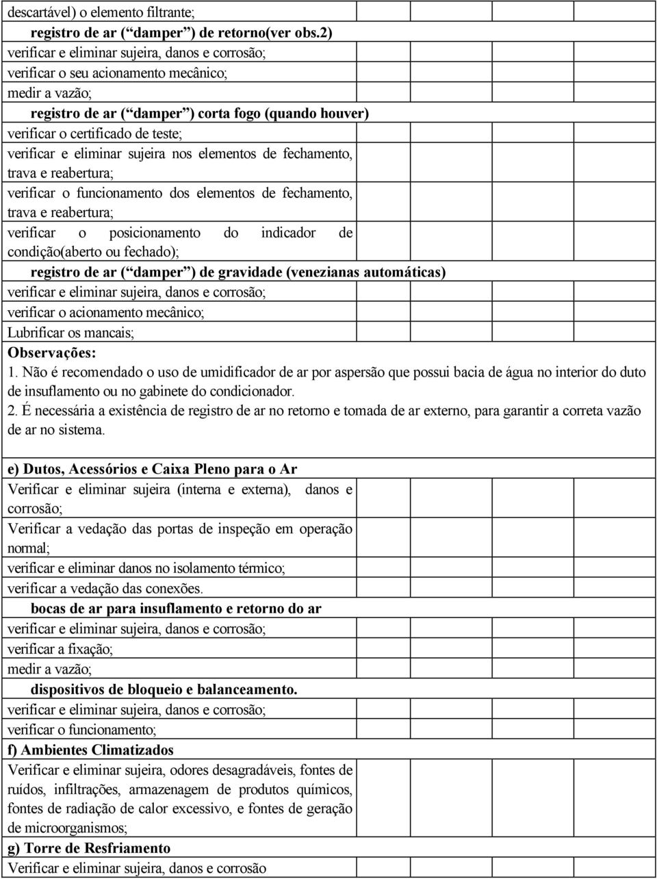 fechamento, trava e reabertura; verificar o funcionamento dos elementos de fechamento, trava e reabertura; verificar o posicionamento do indicador de condição(aberto ou fechado); registro de ar (