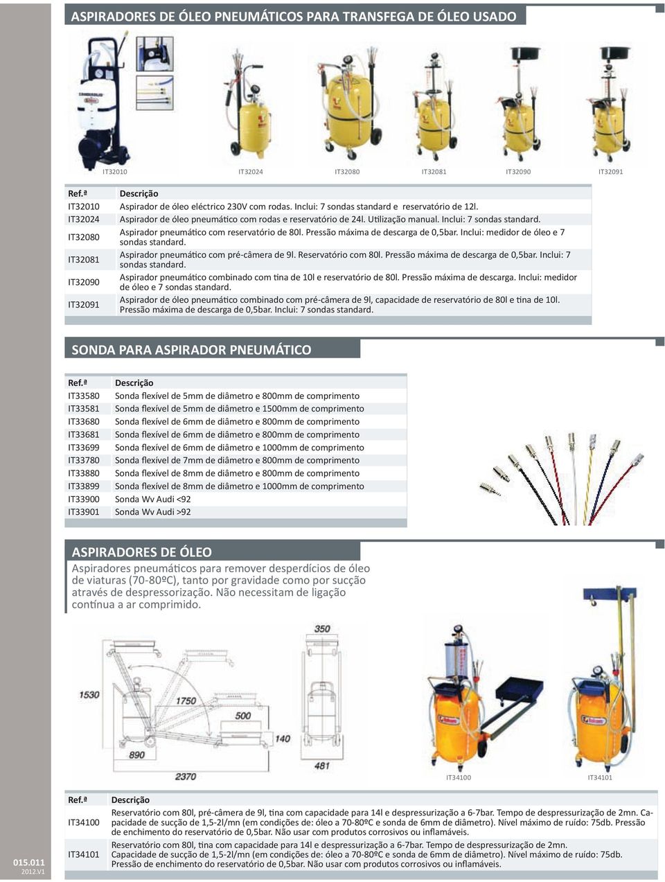 IT32080 Aspirador pneumático com reservatório de 80l. Pressão máxima de descarga de 0,5bar. Inclui: medidor de óleo e 7 sondas standard. IT32081 Aspirador pneumático com pré-câmera de 9l.