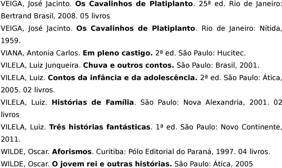 2ª ed. São Paulo: Ática, 2005. 02 VILELA, Luiz. Histórias de Família. São Paulo: Nova Alexandria, 2001. 02 livros VILELA, Luiz. Três histórias fantásticas. 1ª ed.