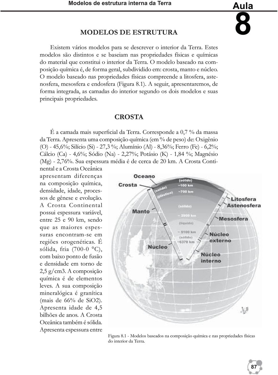 O modelo baseado na composição química é, de forma geral, subdividido em: crosta, manto e núcleo.