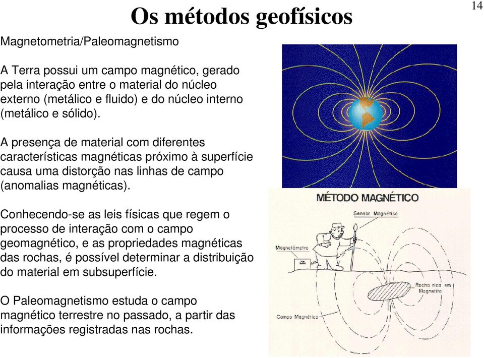 A presença de material com diferentes características magnéticas próximo à superfície causa uma distorção nas linhas de campo (anomalias magnéticas).