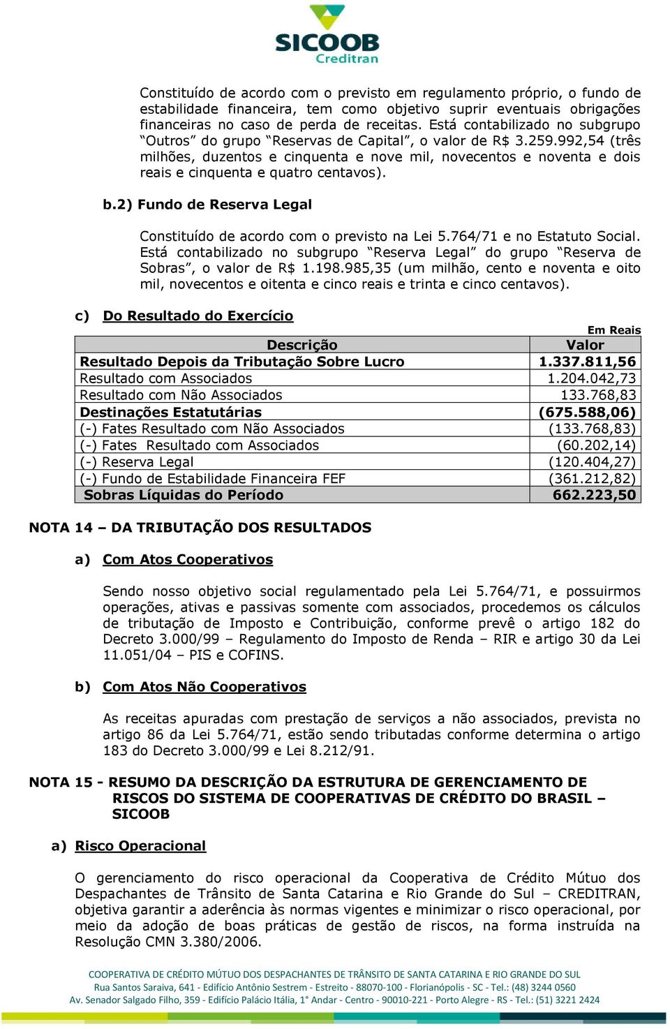 992,54 (três milhões, duzentos e cinquenta e nove mil, novecentos e noventa e dois reais e cinquenta e quatro centavos). b.2) Fundo de Reserva Legal Constituído de acordo com o previsto na Lei 5.