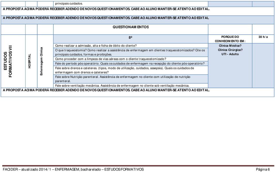 CABE AO ALUNO MANTER-SE ATENTO AO EDITAL FORMATIVOS VII Enfermagem Clínica 8º PORQUE DO Como realizar a admissão, alta e ficha de óbito do cliente? Clinica Médica? O que traqueostomia?