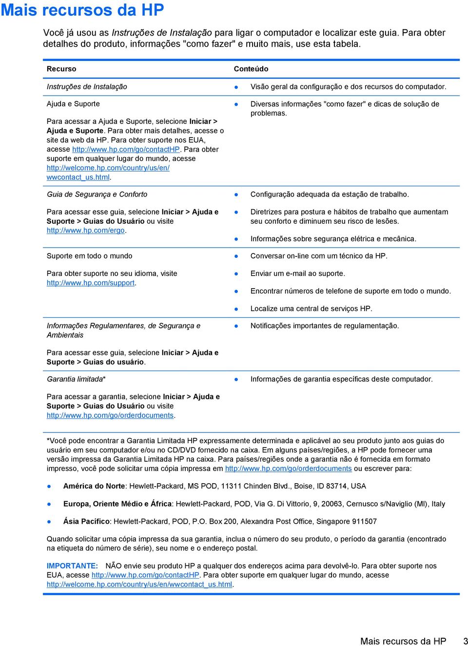 Para obter mais detalhes, acesse o site da web da HP. Para obter suporte nos EUA, acesse http://www.hp.com/go/contacthp. Para obter suporte em qualquer lugar do mundo, acesse http://welcome.hp.com/country/us/en/ wwcontact_us.