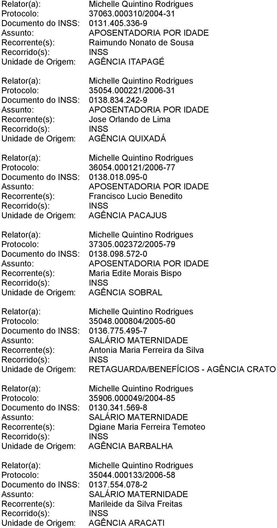 095-0 Recorrente(s): Francisco Lucio Benedito Unidade de Origem: AGÊNCIA PACAJUS Protocolo: 37305.002372/2005-79 Documento do INSS: 0138.098.