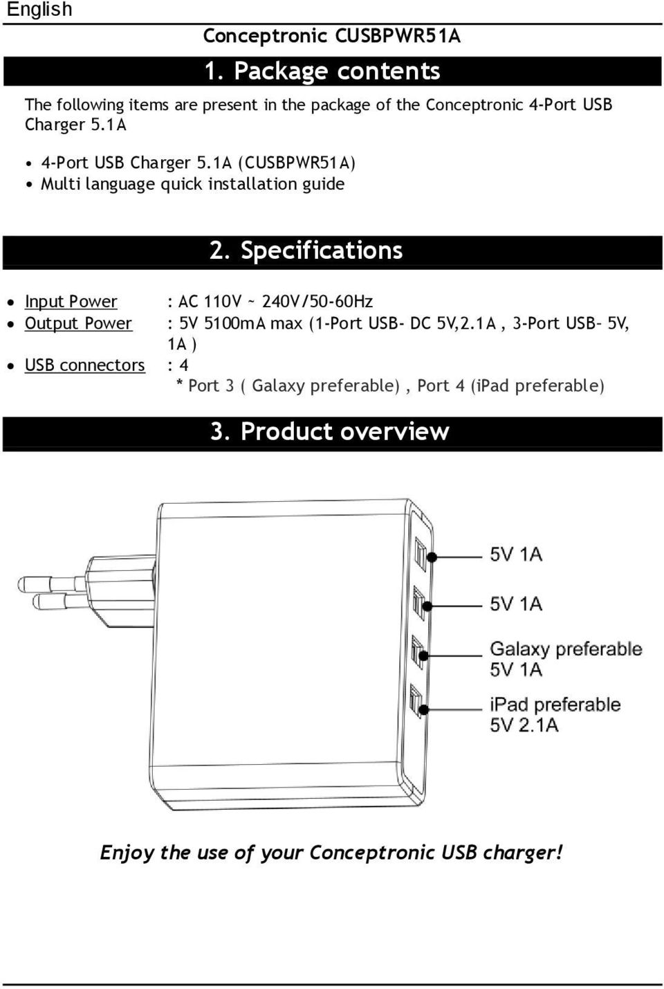 Conceptronic 4-Port USB Charger 5.1A 2.