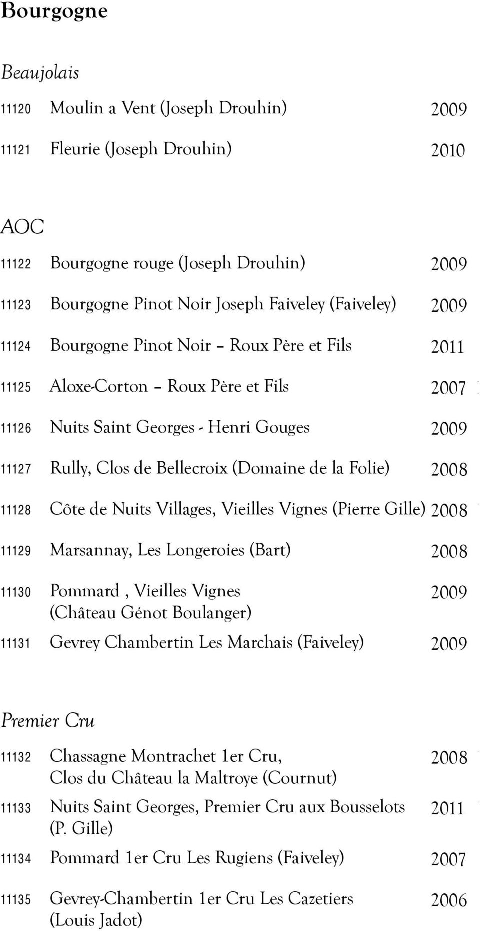 Bellecroix (Domaine de la Folie) 2008 R$ 297,00 11128 Côte de Nuits Villages, Vieilles Vignes (Pierre Gille) 2008 R$ 260,00 11129 Marsannay, Les Longeroies (Bart) 2008 R$ 245,00 11130 Pommard,