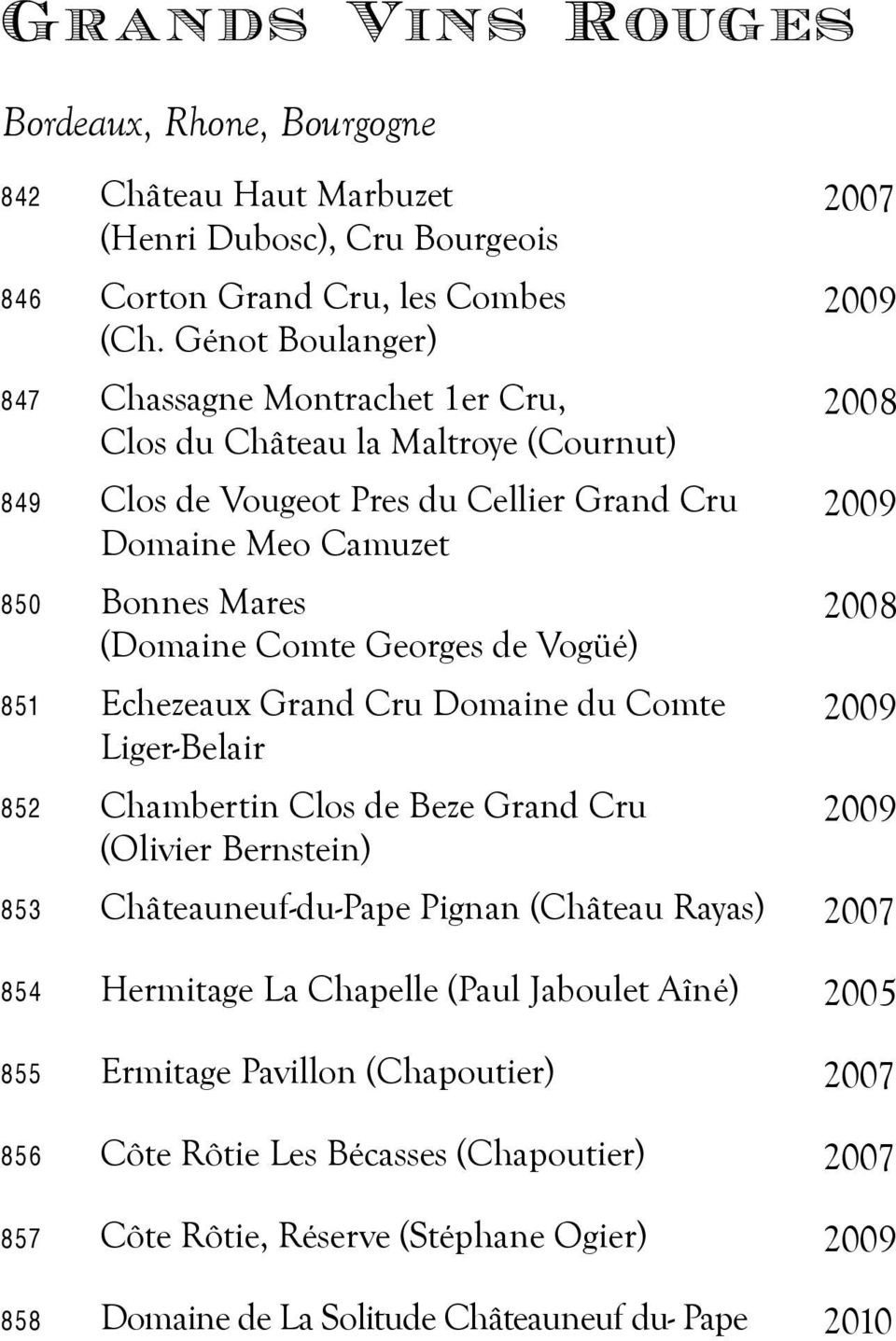 de Vogüé) 851 Echezeaux Grand Cru Domaine du Comte Liger-Belair 852 Chambertin Clos de Beze Grand Cru (Olivier Bernstein) 2007 2009 2008 2009 2008 2009 2009 853 Châteauneuf-du-Pape Pignan