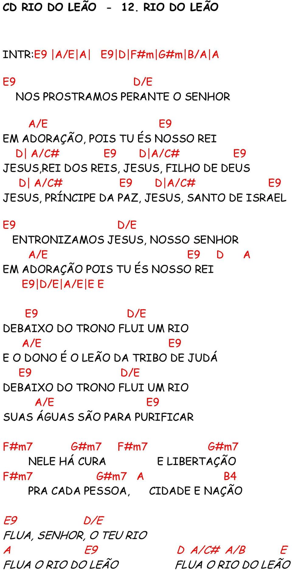 DEUS D A/C# D A/C# JESUS, PRÍNCIPE DA PAZ, JESUS, SANTO DE ISRAEL D/E ENTRONIZAMOS JESUS, NOSSO SENHOR A/E D A EM ADORAÇÃO POIS TU ÉS NOSSO REI D/E A/E E E D/E