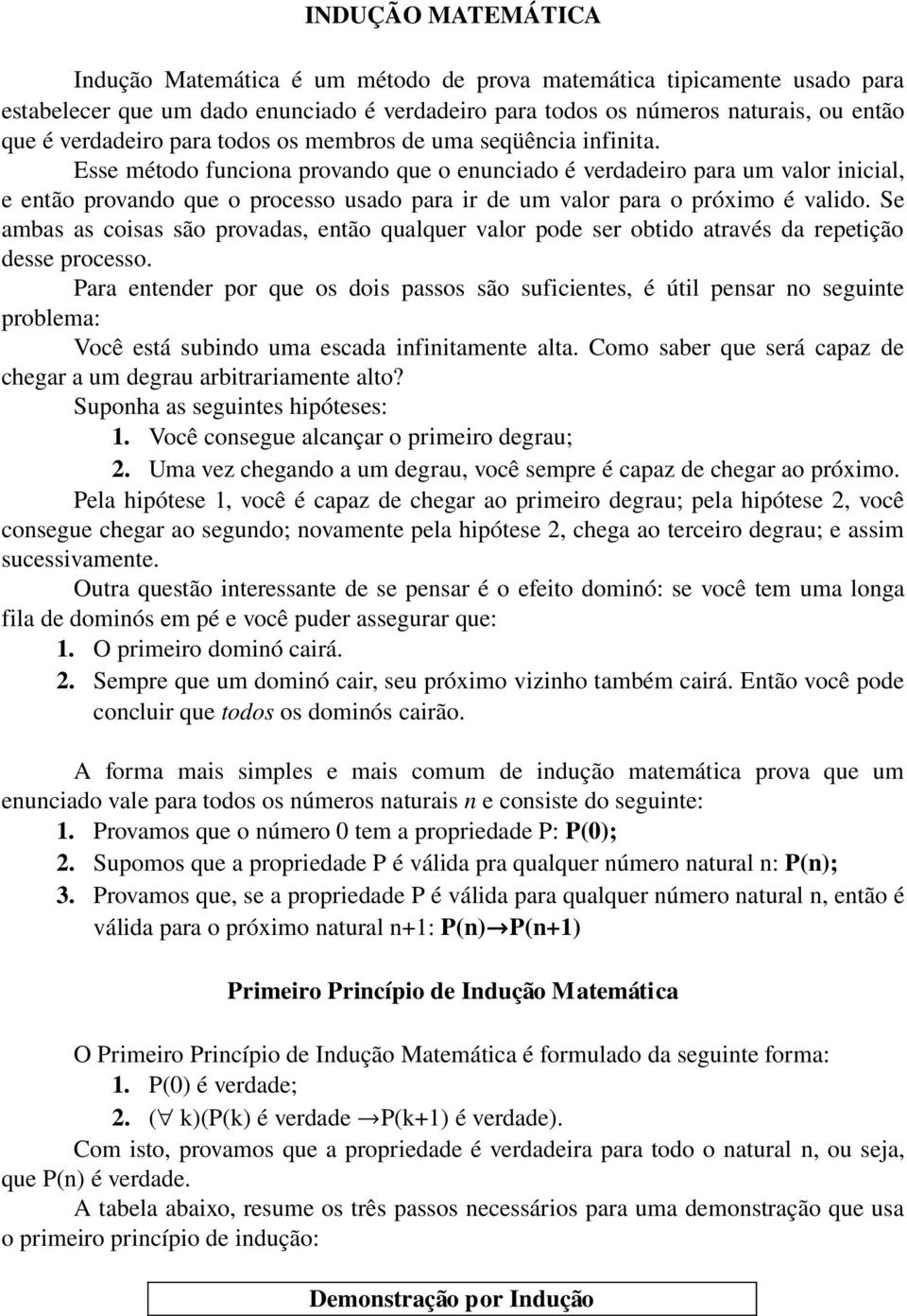 Esse método funciona provando que o enunciado é verdadeiro para um valor inicial, e então provando que o processo usado para ir de um valor para o próximo é valido.