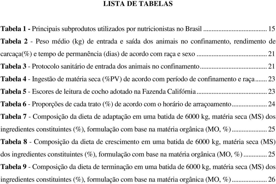 .. 21 Tabela 3 - Protocolo sanitário de entrada dos animais no confinamento... 21 Tabela 4 - Ingestão de matéria seca (%PV) de acordo com período de confinamento e raça.