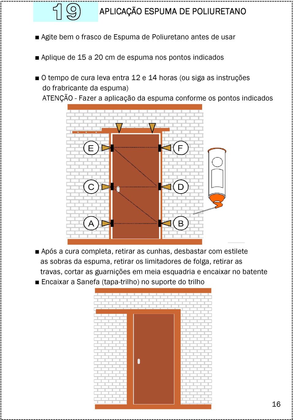 indicados seguindo a ordem : A, B, C, D, E, F Após a cura completa, retirar as cunhas, desbastar com estilete as sobras da espuma, retirar os