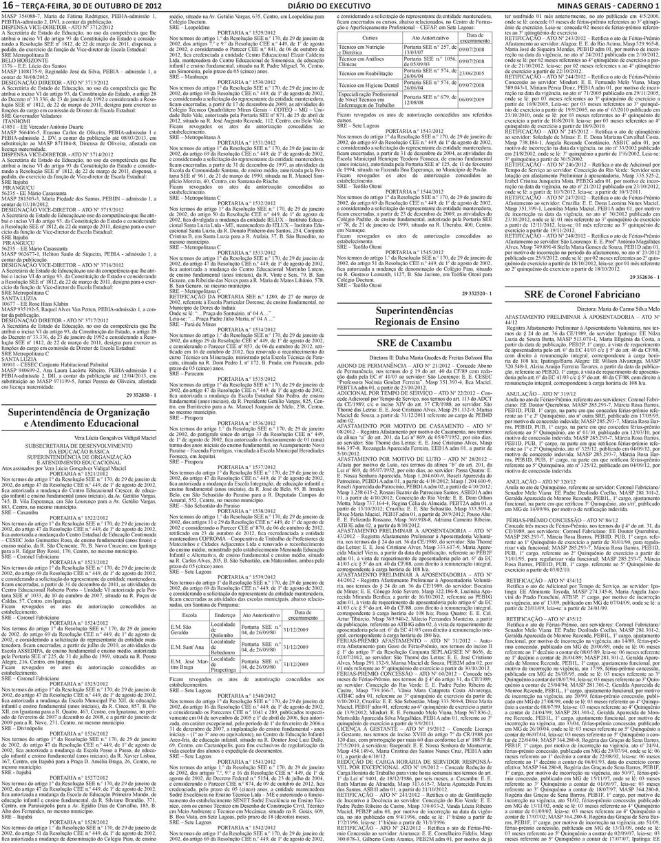 1812, de 22 de março de 2011, dispensa, a pedido, do exercício da função de Vice-diretor de Escola Estadual: SRE Metropolitana B BELO HORIZONTE 1376 E.E. Lúcio dos Santos MASP 1108175-9, Reginaldo José da Silva, PEBIA admissão 1, a contar de 30/08/2012.