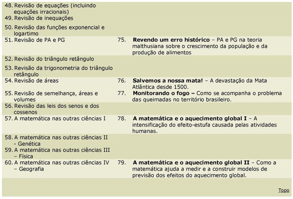 Revisão da trigonometria do triângulo retângulo 54. Revisão de áreas 76. Salvemos a nossa mata! A devastação da Mata Atlântica desde 1500. 55. Revisão de semelhança, áreas e 77.