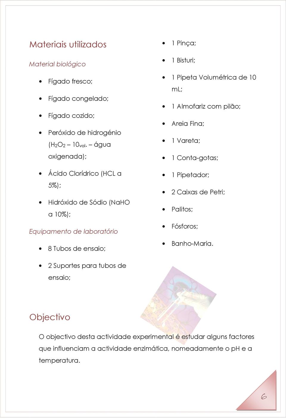 Pipeta Volumétrica de 10 ml; 1 Almofariz com pilão; Areia Fina; 1 Vareta; 1 Conta-gotas; 1 Pipetador; 2 Caixas de Petri; Palitos; Fósforos; Banho-Maria.