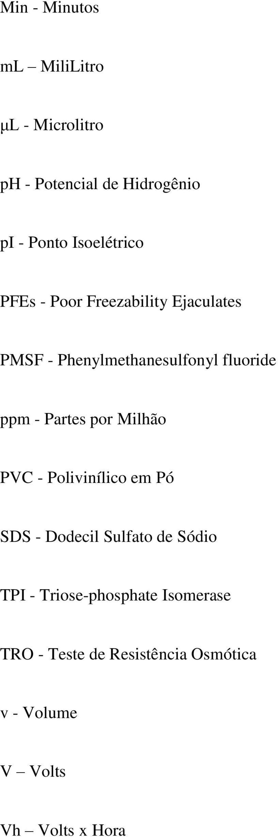 ppm - Partes por Milhão PVC - Polivinílico em Pó SDS - Dodecil Sulfato de Sódio TPI -