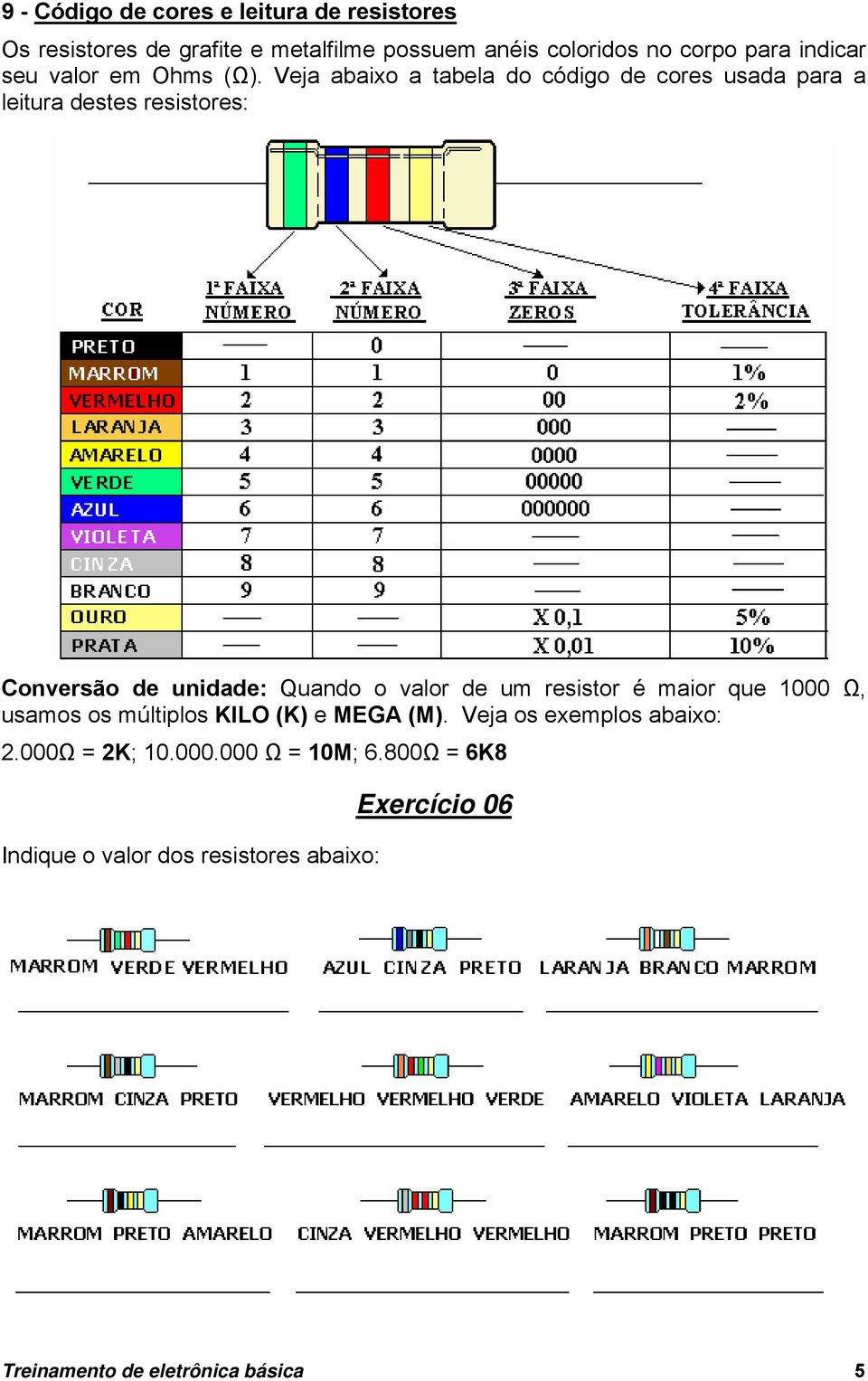 Veja abaixo a tabela do código de cores usada para a leitura destes resistores: Conversão de unidade: Quando o valor de um