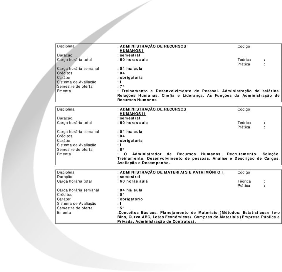 Disciplina DE RECURSOS Código HUMANOS II Duração semestral Carga horária total 60 horas aula Teórica Carga horária semanal 04 hs/aula Créditos 04 Caráter obrigatória Sistema de Avaliação I Semestre