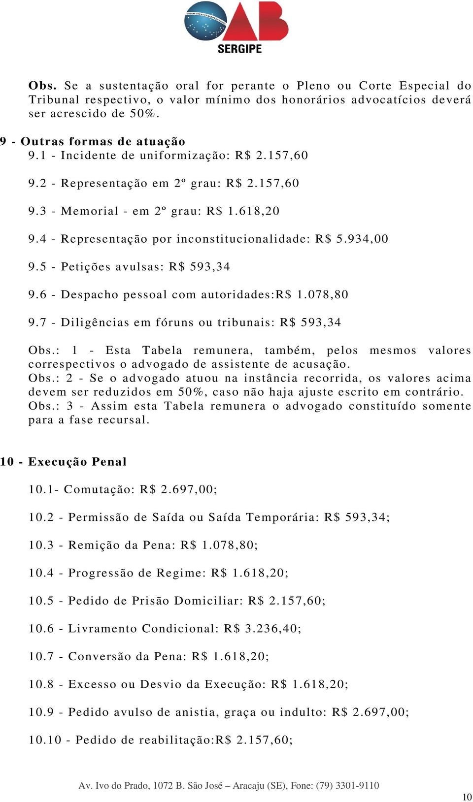 5 - Petições avulsas: R$ 593,34 9.6 - Despacho pessoal com autoridades:r$ 1.078,80 9.7 - Diligências em fóruns ou tribunais: R$ 593,34 Obs.