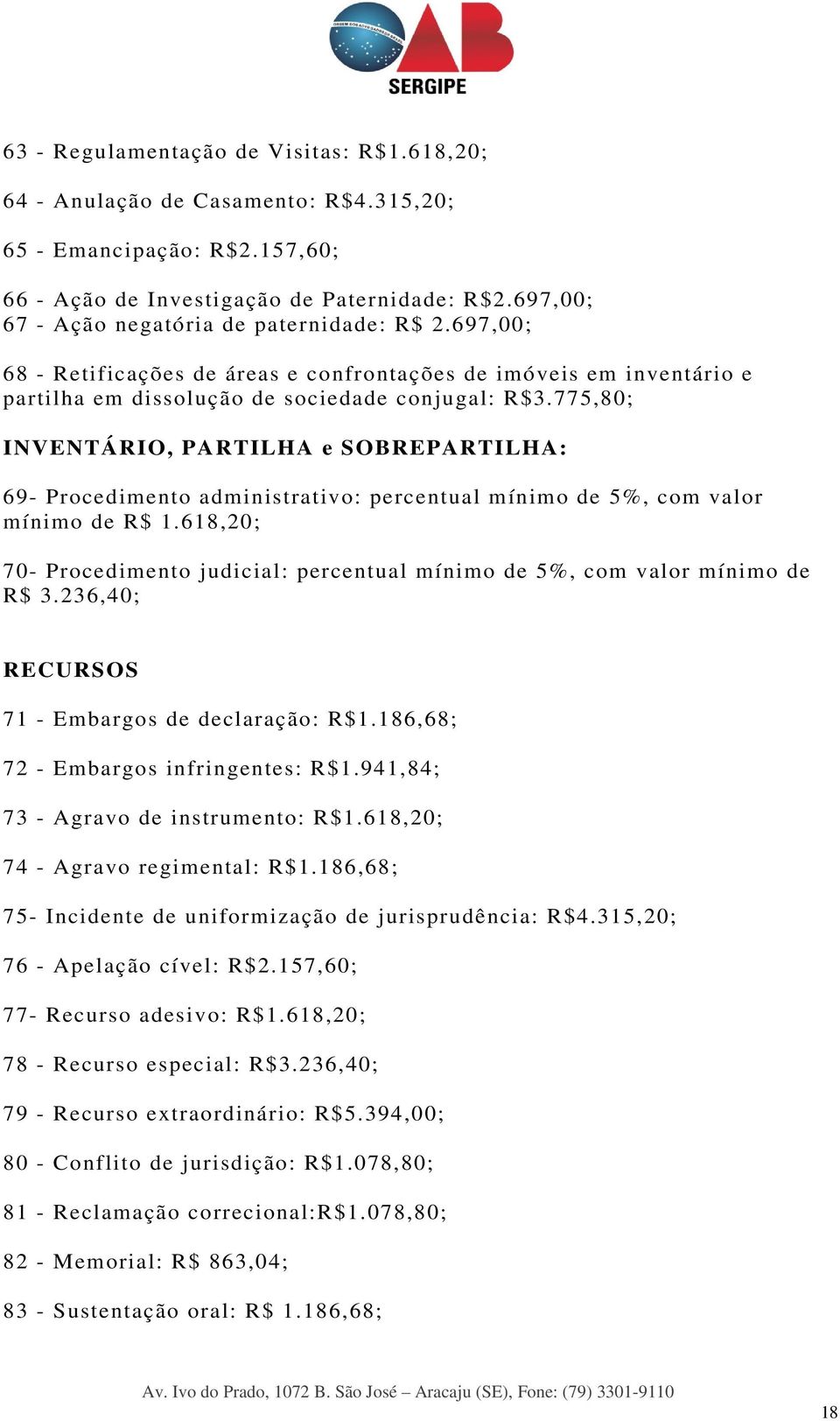 775,80; INVENTÁRIO, PARTILHA e SOBREPARTILHA: 69- Procedimento administrativo: percentual mínimo de 5%, com valor mínimo de R$ 1.