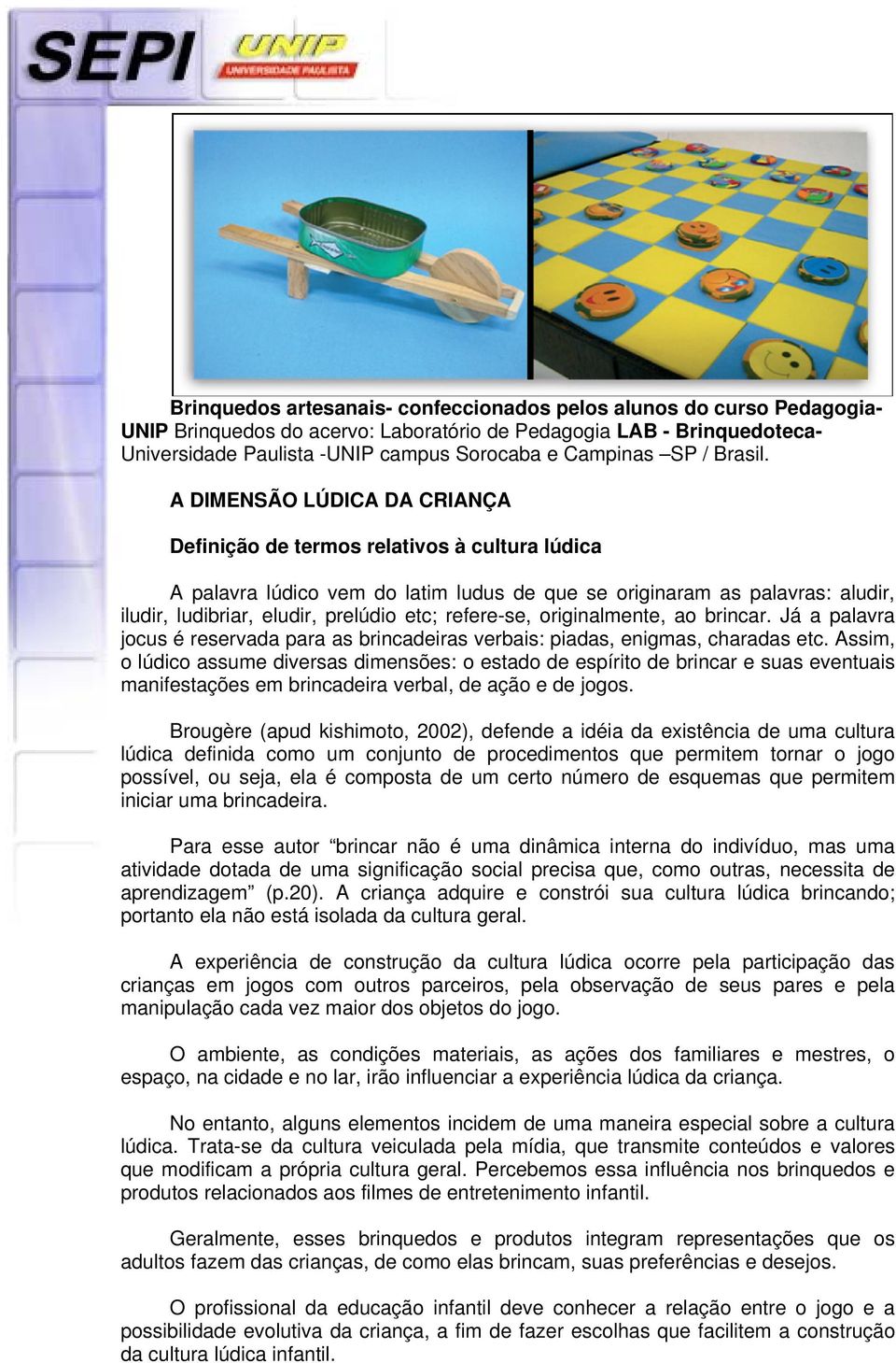 A DIMENSÃO LÚDICA DA CRIANÇA Definição de termos relativos à cultura lúdica A palavra lúdico vem do latim ludus de que se originaram as palavras: aludir, iludir, ludibriar, eludir, prelúdio etc;