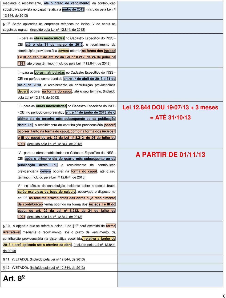 844, de 2013) I - para as obras matriculadas no Cadastro Específico do INSS - CEI até o dia 31 de março de 2013, o recolhimento da contribuição previdenciária deverá ocorrer na forma dos incisos I e