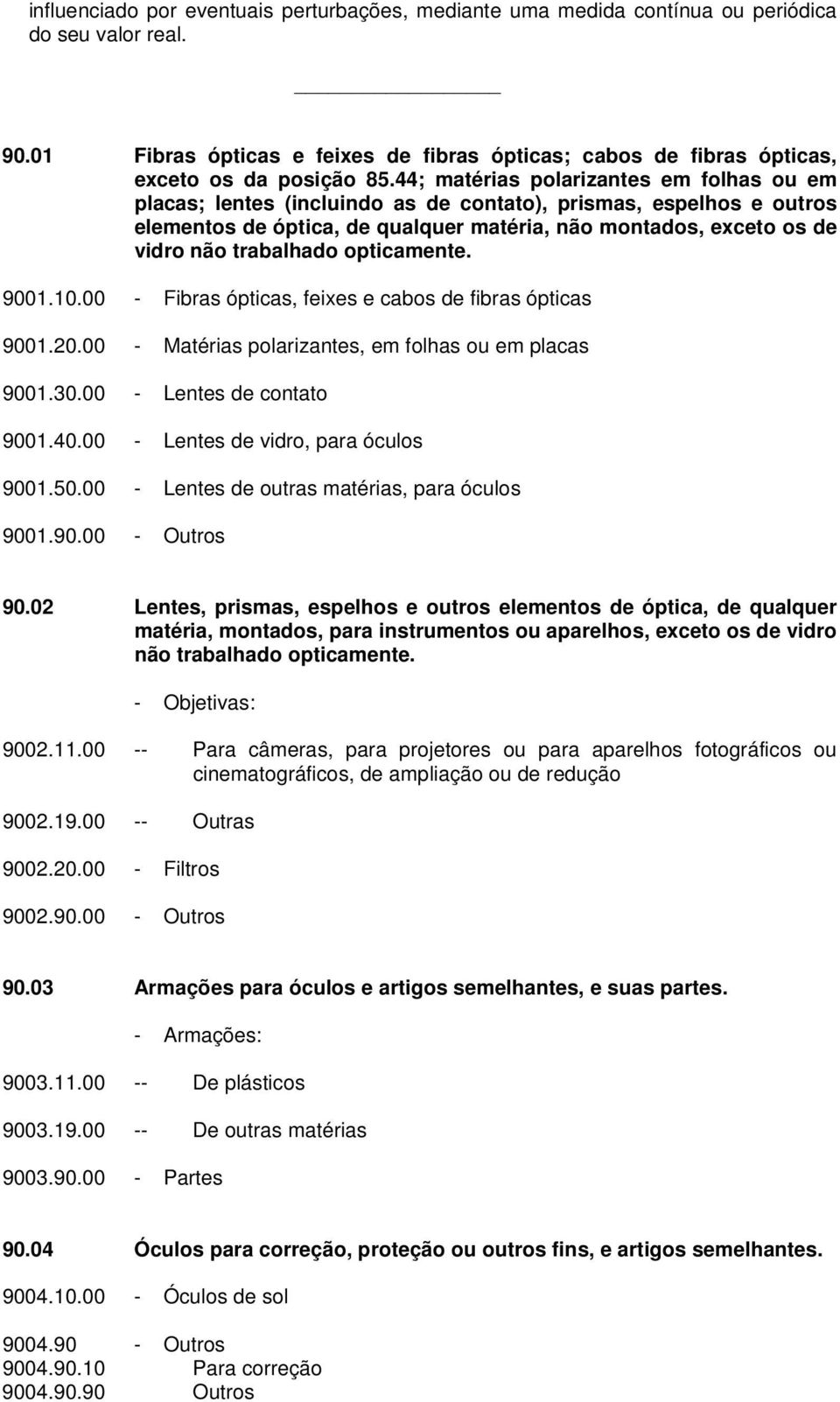 trabalhado opticamente. 9001.10.00 - Fibras ópticas, feixes e cabos de fibras ópticas 9001.20.00 - Matérias polarizantes, em folhas ou em placas 9001.30.00 - Lentes de contato 9001.40.