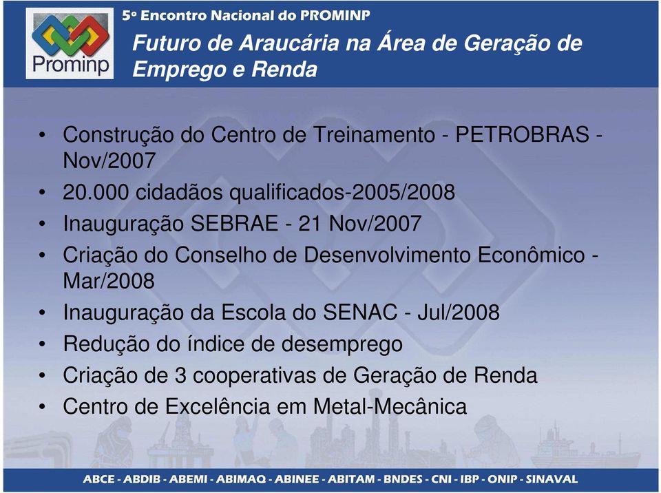 000 cidadãos qualificados-2005/2008 Inauguração SEBRAE - 21 Nov/2007 Criação do Conselho de