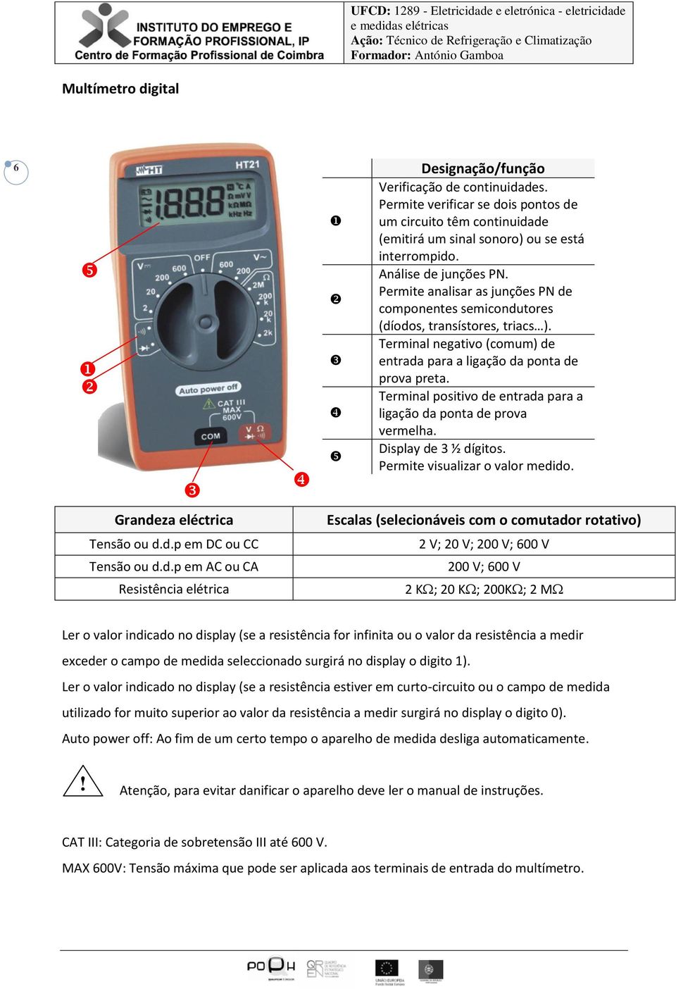 Terminal positivo de entrada para a ligação da ponta de prova vermelha. Display de 3 ½ dígitos. Permite visualizar o valor medido.