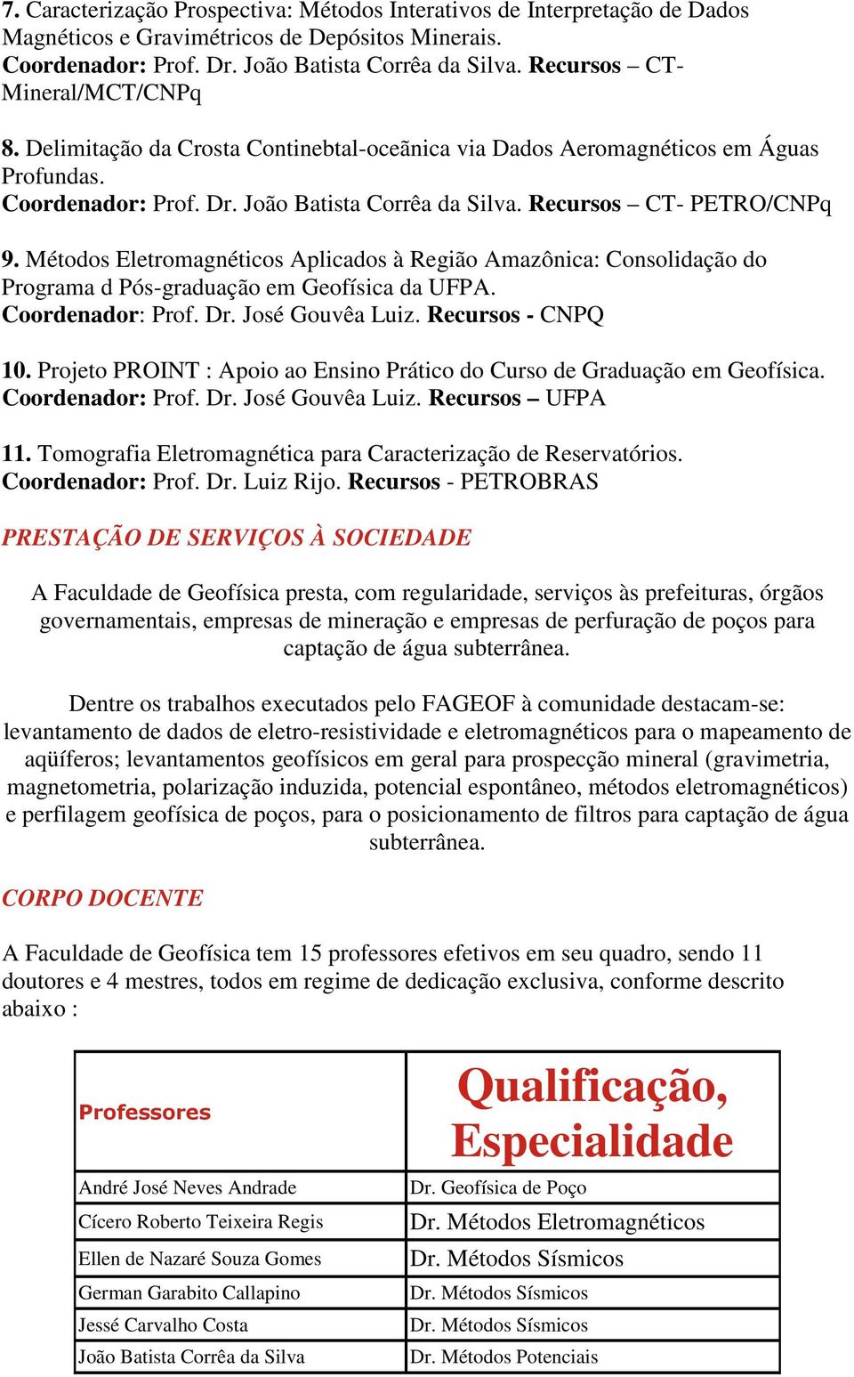 Métodos Eletromagnéticos Aplicados à Região Amazônica: Consolidação do Programa d Pós-graduação em Geofísica da UFPA. Coordenador: Prof. Dr. José Gouvêa Luiz. Recursos - CNPQ 10.