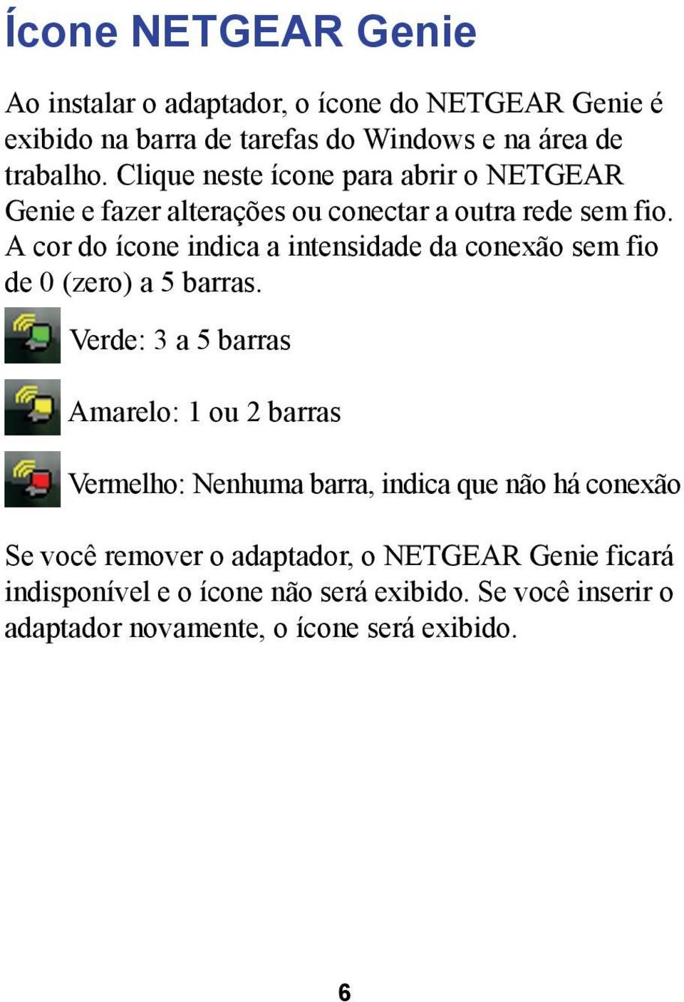 A cor do ícone indica a intensidade da conexão sem fio de 0 (zero) a 5 barras.