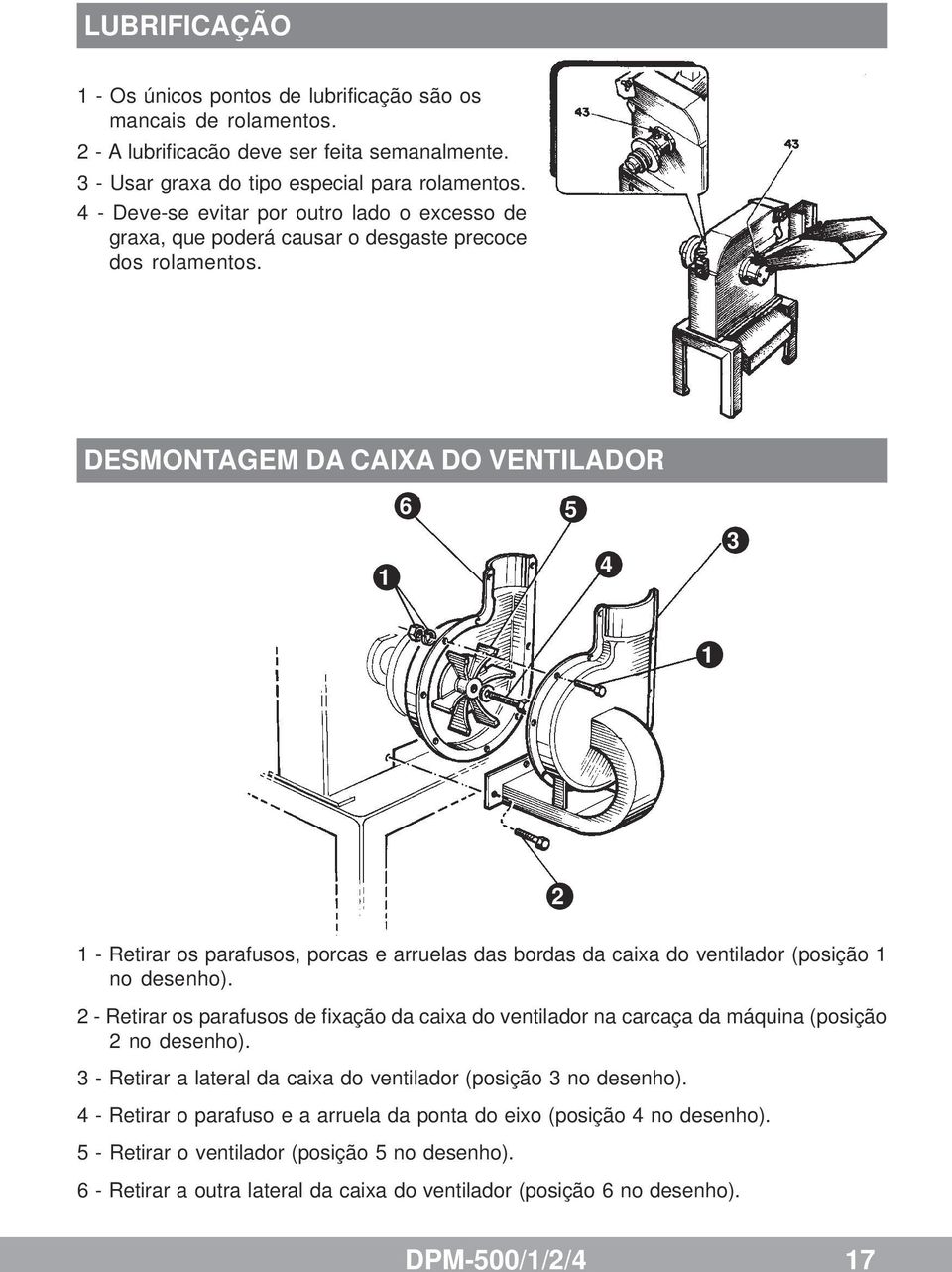 DESMONTAGEM DA CAIXA DO VENTILADOR 1 6 5 4 3 1 2 1 - Retirar os parafusos, porcas e arruelas das bordas da caixa do ventilador (posição 1 no desenho).