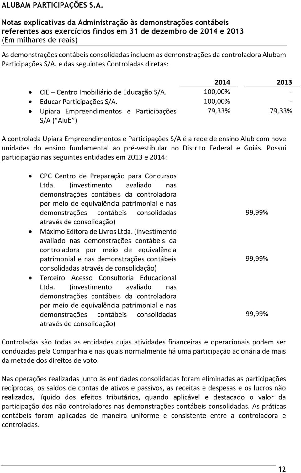 100,00% - Upiara Empreendimentos e Participações S/A ( Alub ) 79,33% 79,33% A controlada Upiara Empreendimentos e Participações S/A é a rede de ensino Alub com nove unidades do ensino fundamental ao