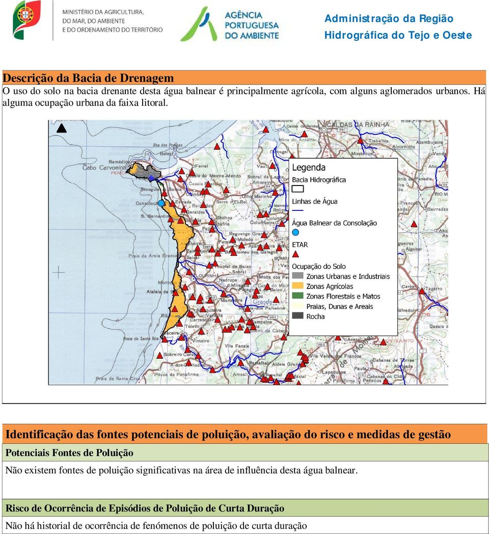 Identificação das fontes potenciais de poluição, avaliação do risco e medidas de gestão Potenciais Fontes de Poluição Não existem