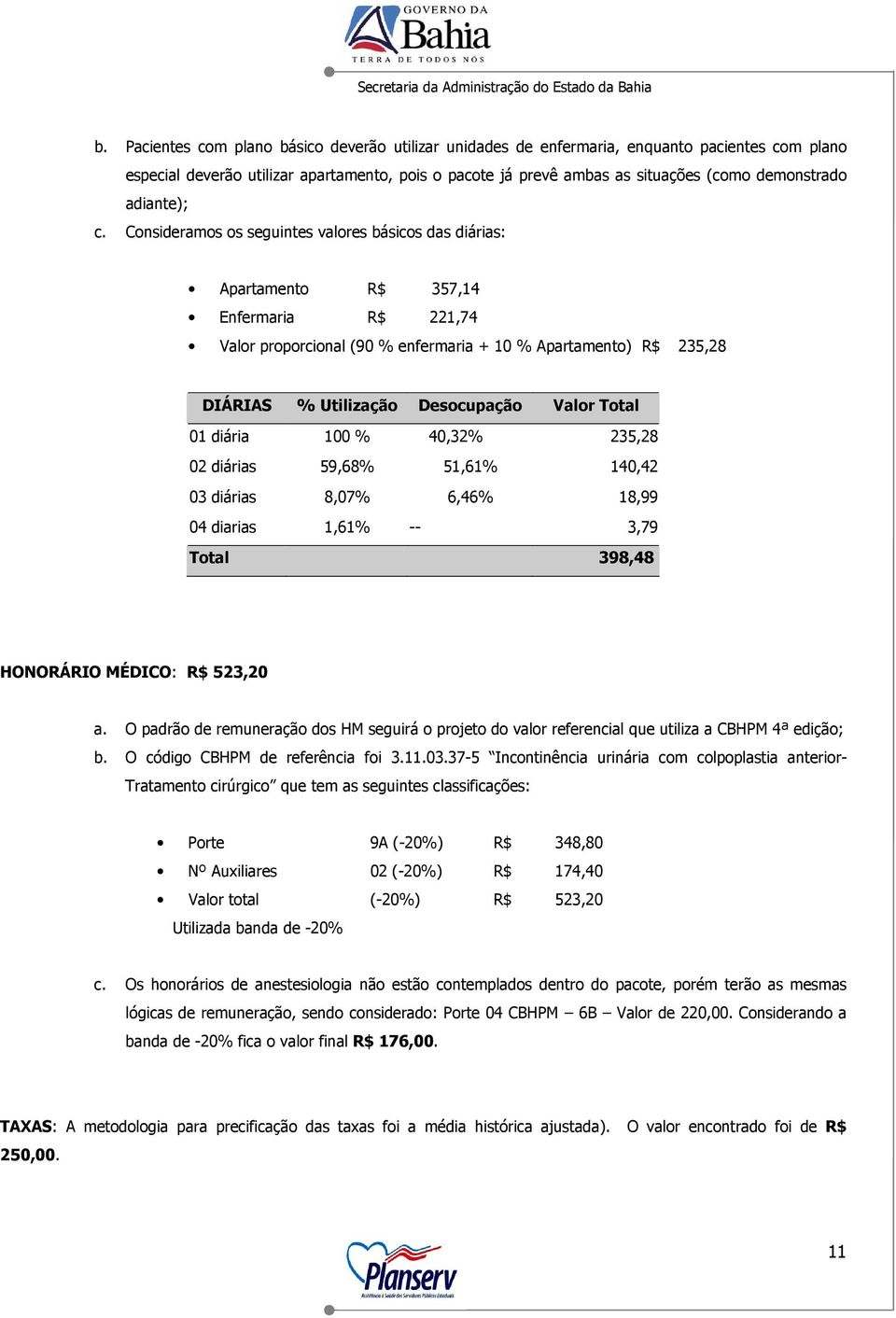 Consideramos os seguintes valores básicos das diárias: Apartamento R$ 357,14 Enfermaria R$ 221,74 Valor proporcional (90 % enfermaria + 10 % Apartamento) R$ 235,28 DIÁRIAS % Utilização Desocupação