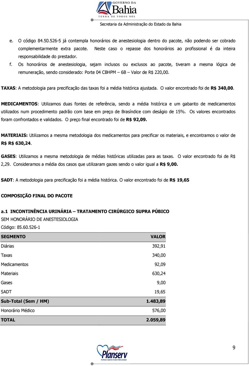 Os honorários de anestesiologia, sejam inclusos ou exclusos ao pacote, tiveram a mesma lógica de remuneração, sendo considerado: Porte 04 CBHPM 6B Valor de R$ 220,00.