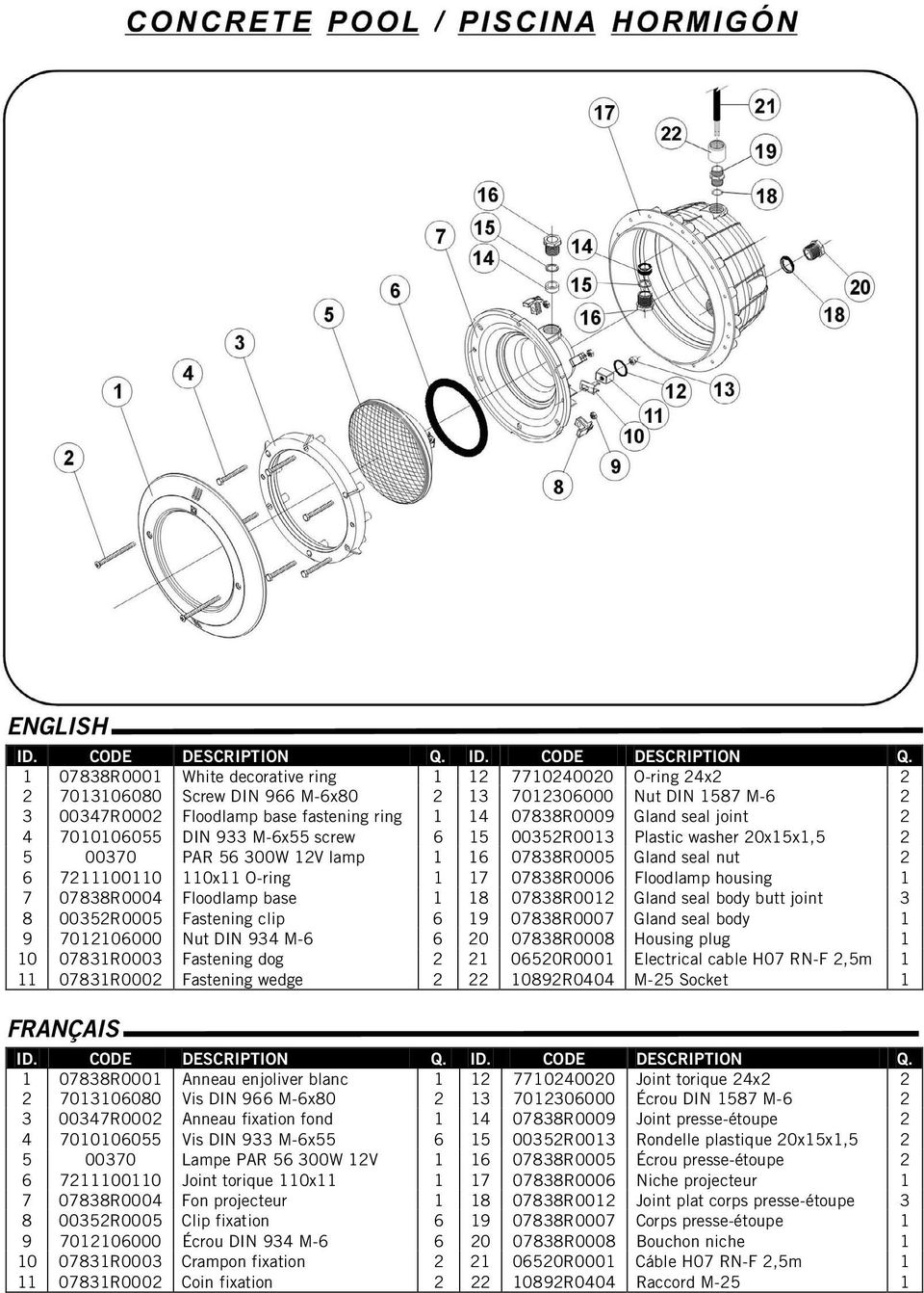 1 07838R0001 White decorative ring 1 12 7710240020 O-ring 24x2 2 2 7013106080 Screw DIN 966 M-6x80 2 13 7012306000 Nut DIN 1587 M-6 2 3 00347R0002 Floodlamp base fastening ring 1 14 07838R0009 Gland