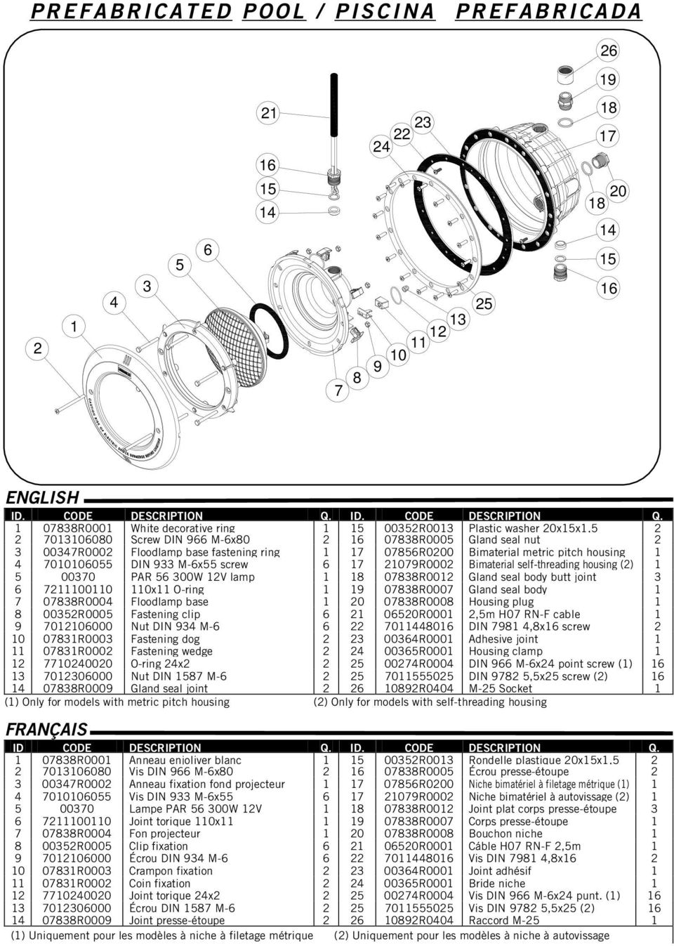 1 07838R0001 White decorative ring 1 15 00352R0013 Plastic washer 20x15x1,5 2 2 7013106080 Screw DIN 966 M-6x80 2 16 07838R0005 Gland seal nut 2 3 00347R0002 Floodlamp base fastening ring 1 17