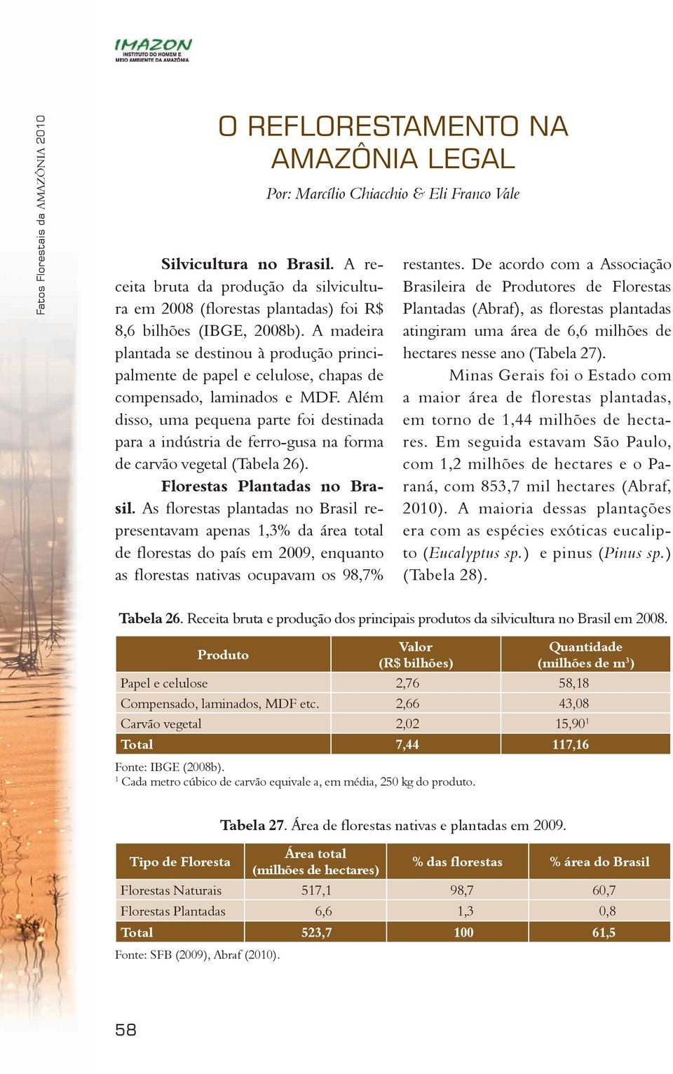 Além disso, uma pequena parte foi destinada para a indústria de ferro-gusa na forma de carvão vegetal (Tabela 26). Florestas Plantadas no Brasil.
