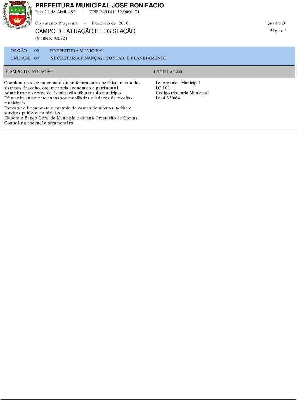 serviço de fiscalização tributaria do municipio Efetuar levantamento cadastros mobiliarios e indeces de receitas municipais Executar o lançamento e