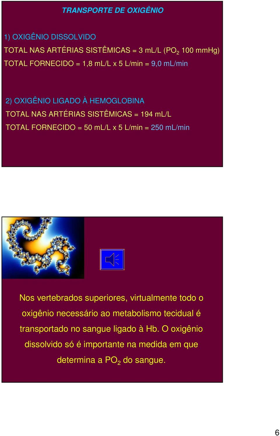 = 50 ml/l x 5 L/min = 250 ml/min Nos vertebrados superiores, virtualmente todo o oxigênio necessário ao metabolismo