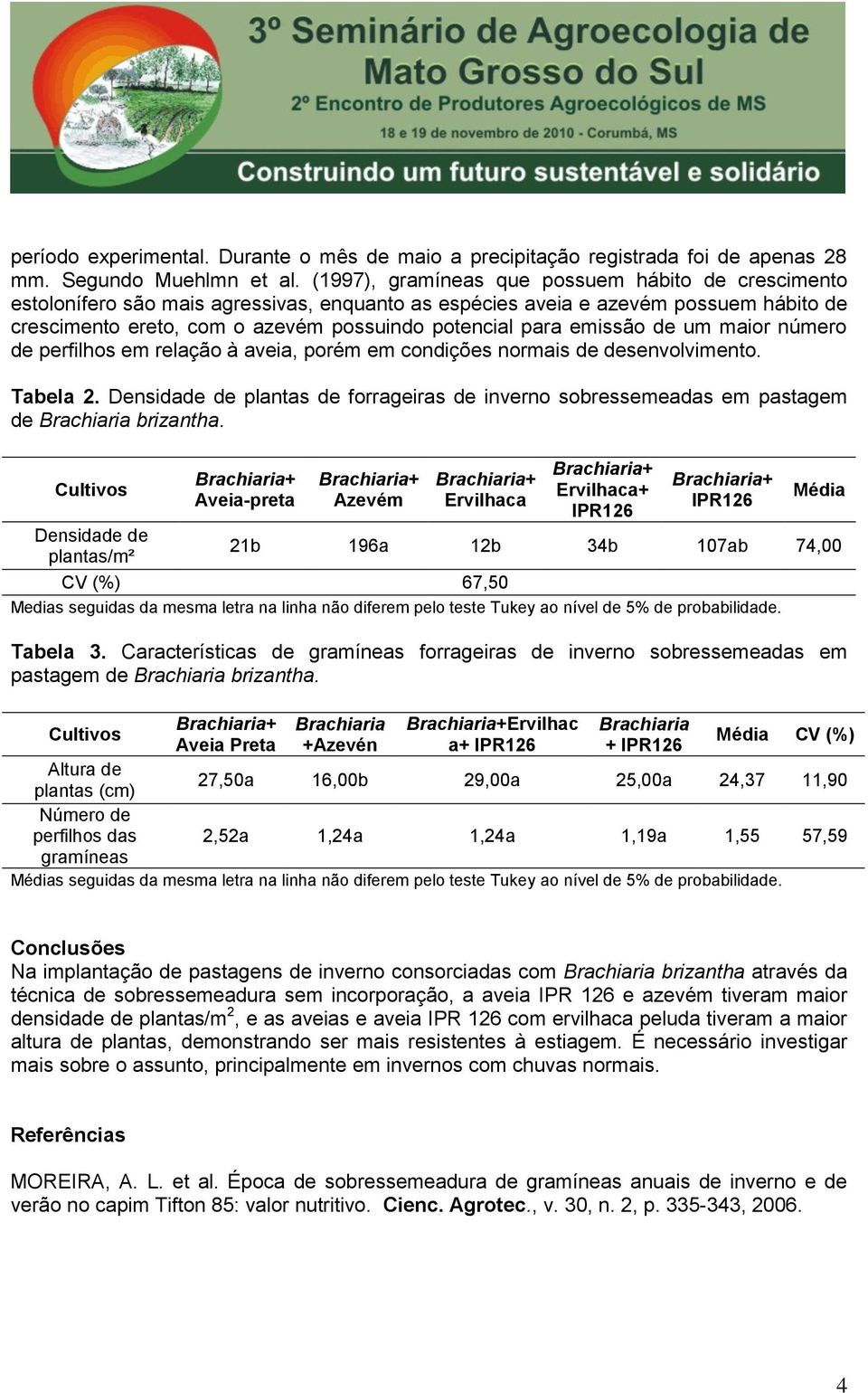 emissão de um maior número de perfilhos em relação à aveia, porém em condições normais de desenvolvimento. Tabela 2.