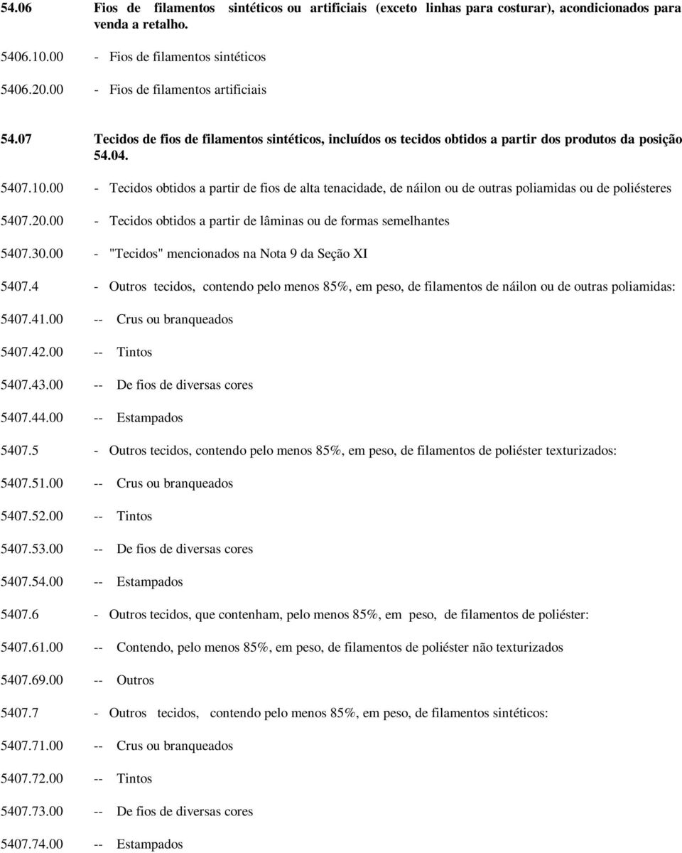 00 - Tecidos obtidos a partir de fios de alta tenacidade, de náilon ou de outras poliamidas ou de poliésteres 5407.20.00 - Tecidos obtidos a partir de lâminas ou de formas semelhantes 5407.30.