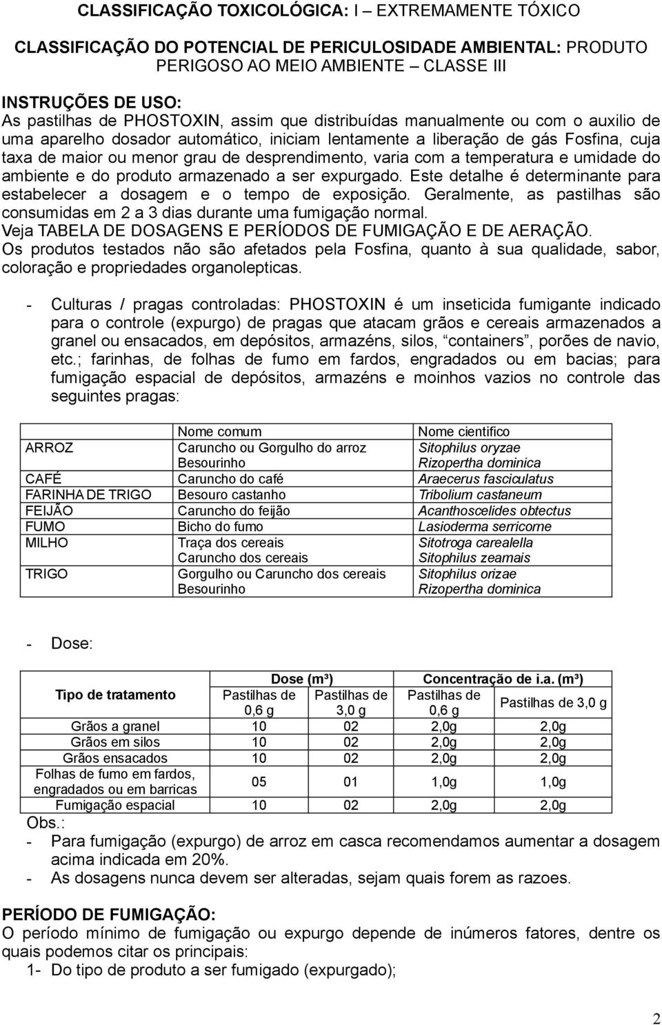 temperatura e umidade do ambiente e do produto armazenado a ser expurgado. Este detalhe é determinante para estabelecer a dosagem e o tempo de exposição.